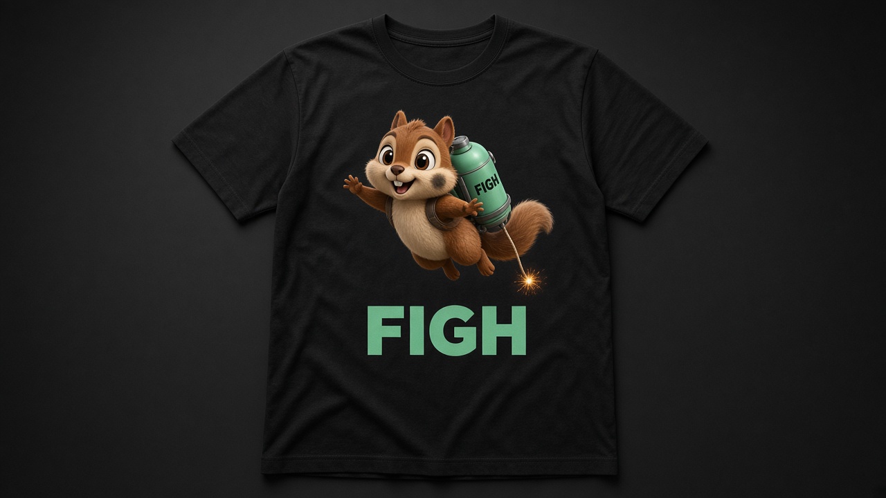 Black FIGH tee with banner Higgs and mint FIGH wordmark